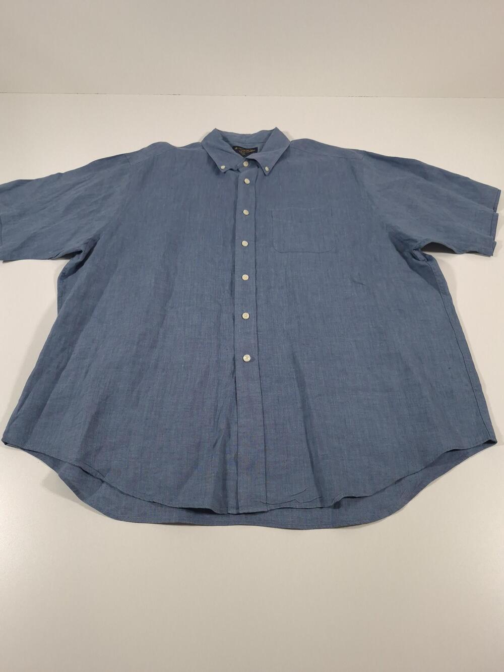 Brooks Brothers Irish Linen Shirt Mens 2XL Blue Solid Short Sleeve Button Down